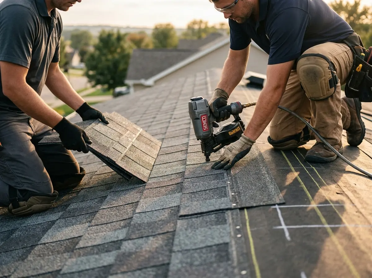 Professional roofer working on a residential roof in Raritan